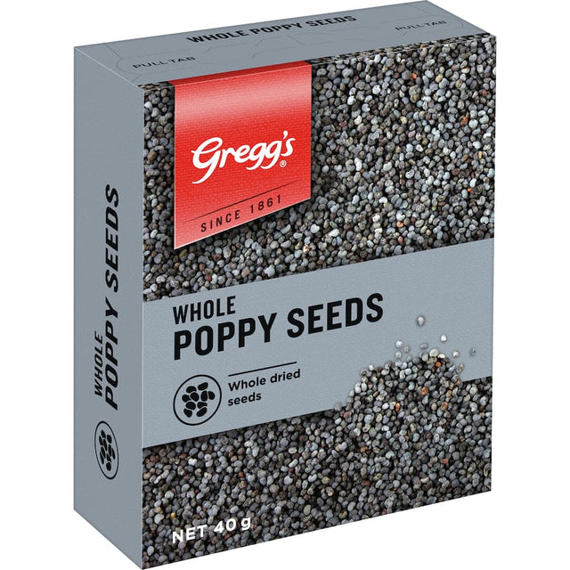 Whole dried Greggs Poppy Seeds, adding nutty flavor and crunch to baking and savory dishes, ideal for garnishing and enhancing meals.