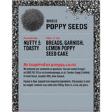 Whole dried Greggs poppy seeds, perfect for baking and garnishing, with a nutty flavor enhancing various dishes.