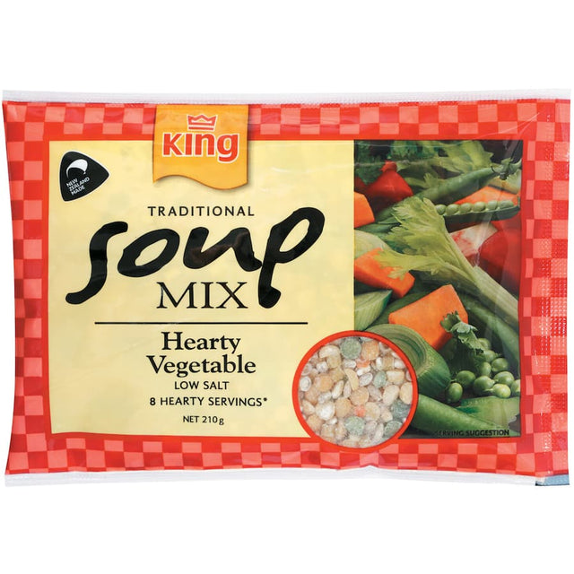 Hearty vegetable soup mix with low salt, packed with grains, legumes, and veggies for a nutritious meal solution.