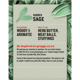 A jar of Greggs Sage Rubbed featuring aromatic, woody flakes of garden sage, perfect for enhancing various dishes.