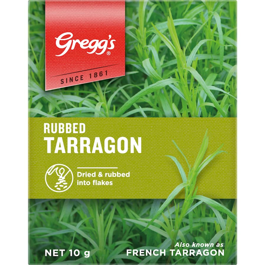 Dried Greggs Tarragon Rubbed herb in flakes, perfect for enhancing flavor in dishes like chicken, salads, and sauces.