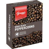 Whole black peppercorns by Greggs, ideal for enhancing dishes with robust hot and spicy flavor. Perfect for cooking and seasoning.