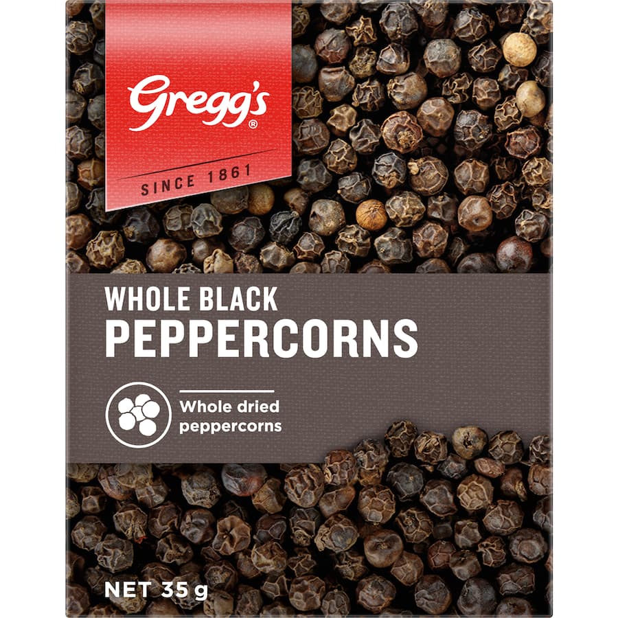 Whole black peppercorns from Greggs, perfect for enhancing dishes with a robust hot and spicy flavor.