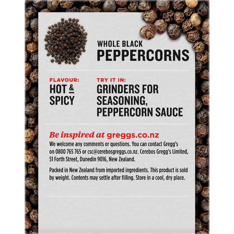 Whole black peppercorns from Greggs, ideal for seasoning and enhancing flavors in various dishes with a hot, spicy kick.