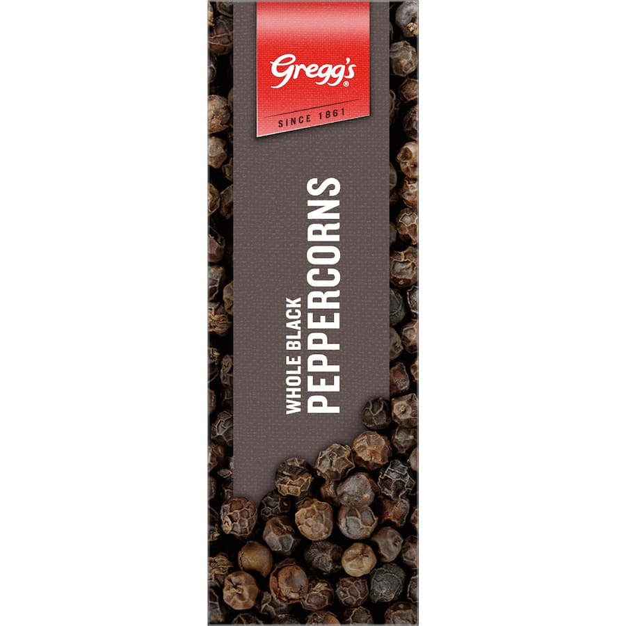 Whole black peppercorns from Greggs, perfect for enhancing dishes with robust flavor and versatility in cooking.