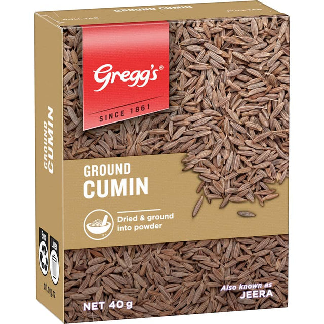 Ground cumin powder from Greggs, offering a strong earthy flavor ideal for curries, tagines, and enhancing savory dishes.