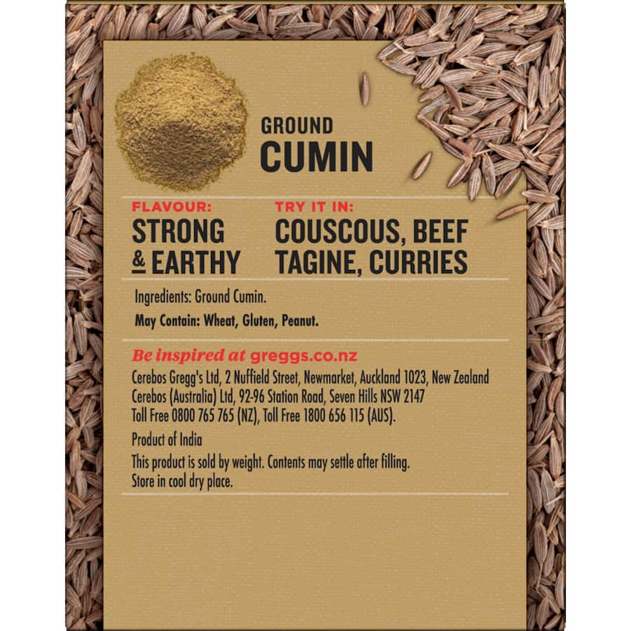 Greggs Cumin Ground, an earthy spice powder ideal for enhancing curries, tagines, and savory dishes with rich flavor.