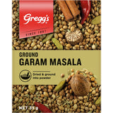 Ground garam masala blend featuring nutmeg, coriander, and spices, ideal for curries and sweet dishes.