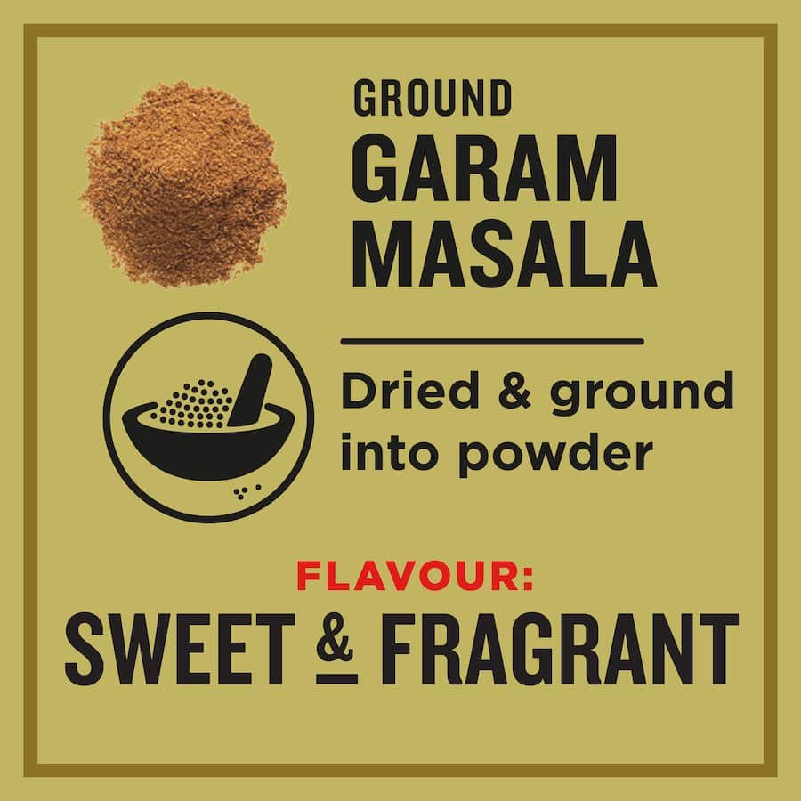 Ground garam masala blend featuring nutmeg, coriander, and spices for flavorful Indian and Pakistani dishes.