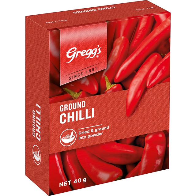 Greggs Chilli Ground spice jar, showcasing fiery red powder ideal for enhancing stir-fries, curries, and Mexican dishes.