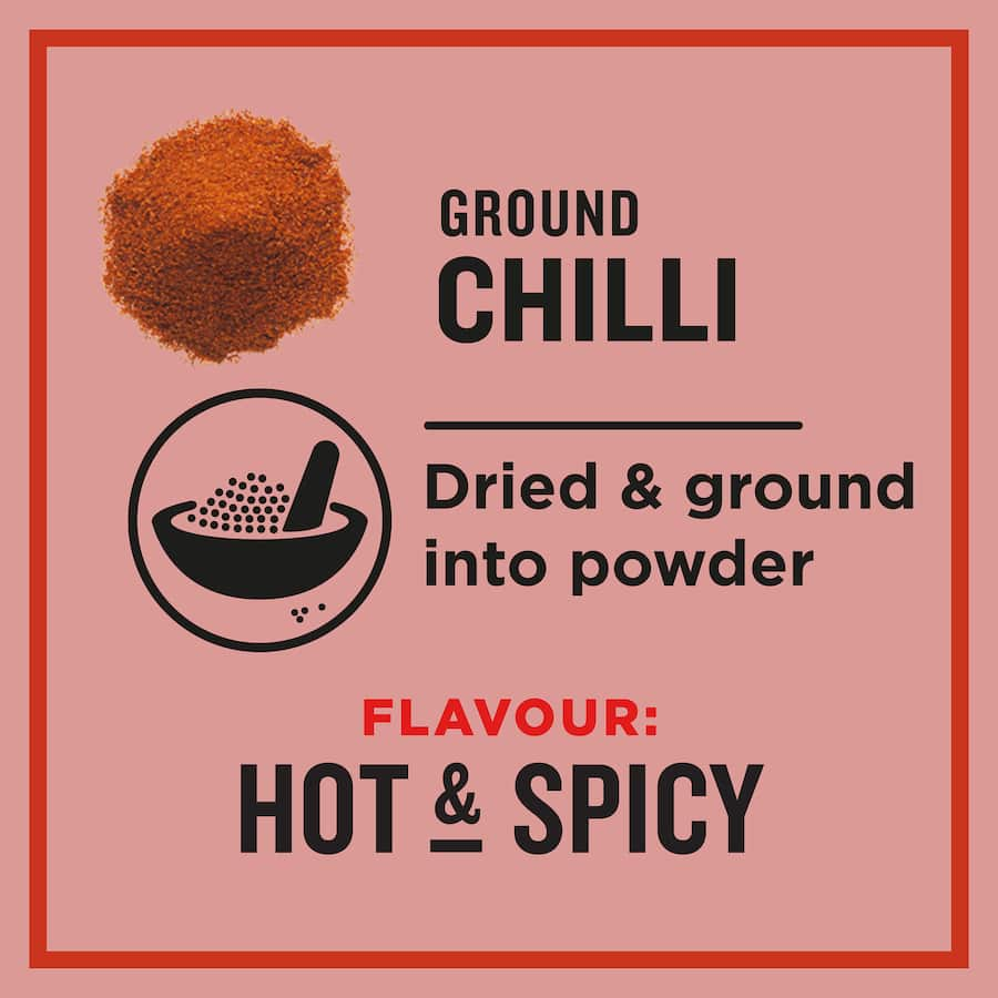 A jar of Greggs Chilli Ground spice, a fiery seasoning perfect for enhancing stir-fries, curries, and Mexican dishes.