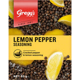 Bottle of Greggs Lemon Pepper Seasoning, a zesty blend perfect for enhancing seafood, chicken, and rice dishes.