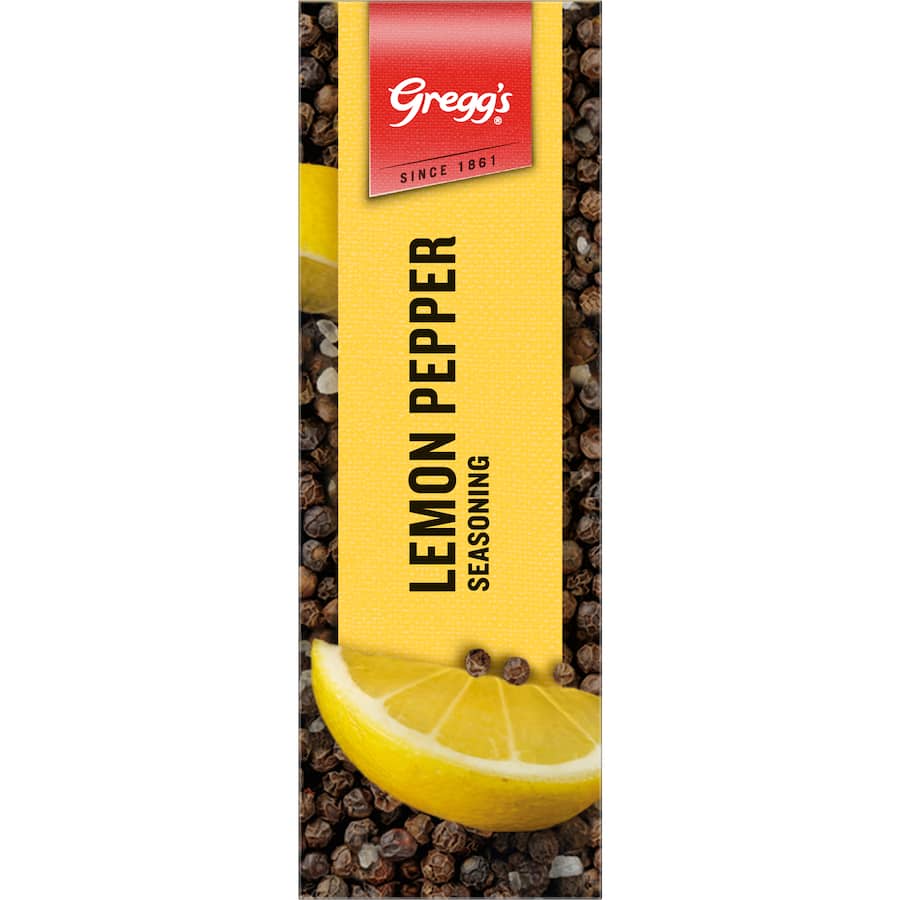 Bottle of Greggs Lemon Pepper Seasoning, a zesty blend perfect for enhancing seafood, chicken, and vegetable dishes.