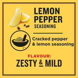 Zesty Greggs Lemon Pepper Seasoning, perfect for enhancing seafood, chicken, rice, and vegetables with tangy flavor.