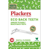 Plackers Dental Flossers for back teeth, featuring a flexible handle and mint-flavored floss for effective plaque removal.