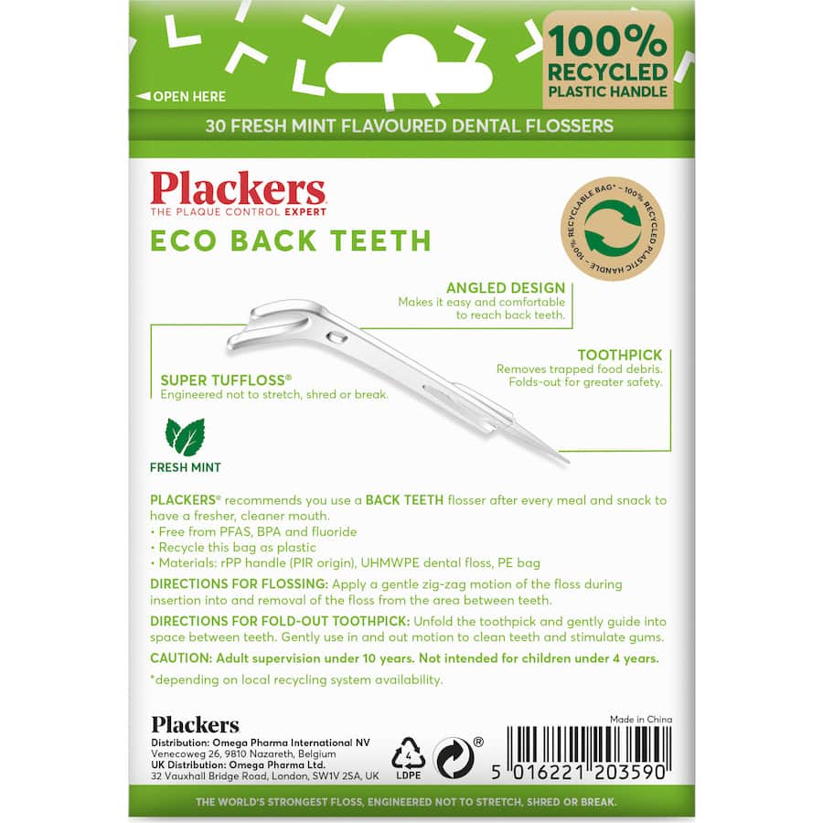 Plackers Dental Flossers Back Teeth for effective cleaning of hard-to-reach molars with mint-flavored, gentle dental floss.