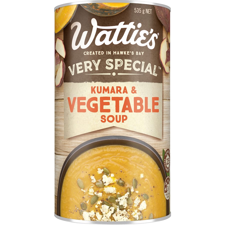 Canned Wattie's Very Special Soup featuring creamy kumara and fresh vegetables, 99% fat-free with no artificial additives.