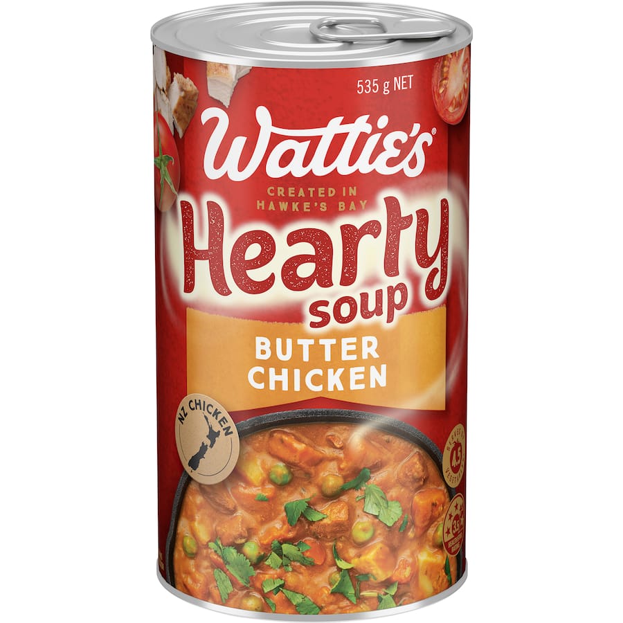 Wattie's Hearty Soup Butter Chicken in a can, featuring premium NZ chicken, fresh veggies, and authentic curry spices.