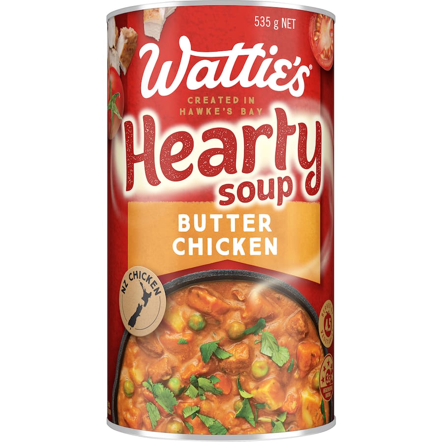 Wattie's Hearty Soup Butter Chicken in a can, featuring premium NZ chicken, vegetables, and authentic curry spices.