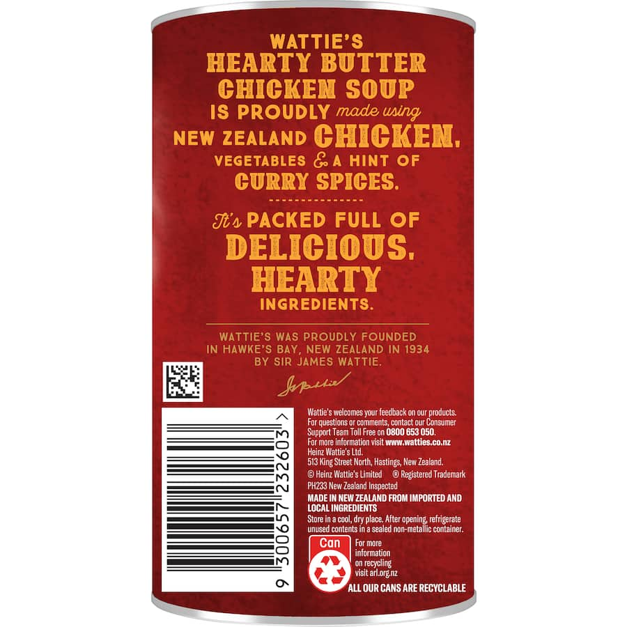 Wattie's Hearty Soup Butter Chicken in a can, featuring New Zealand chicken, vegetables, and authentic curry spices.