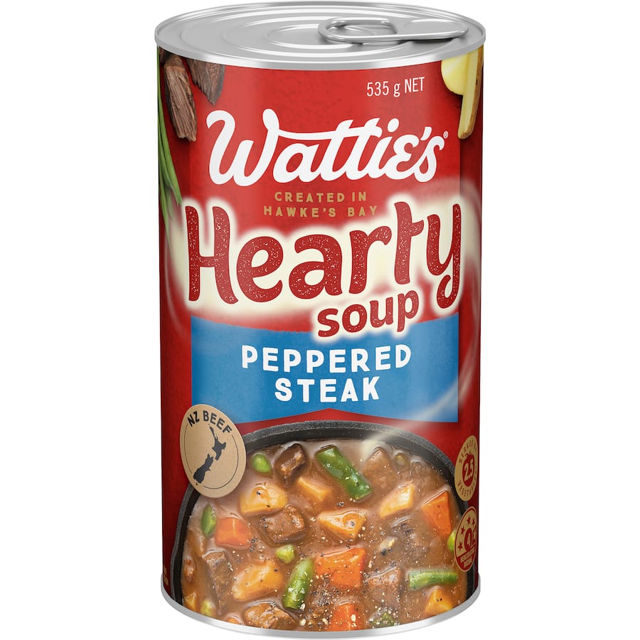 Wattie's Hearty Soup Steak with tender beef and vegetables, offering a nutritious meal with no artificial ingredients.