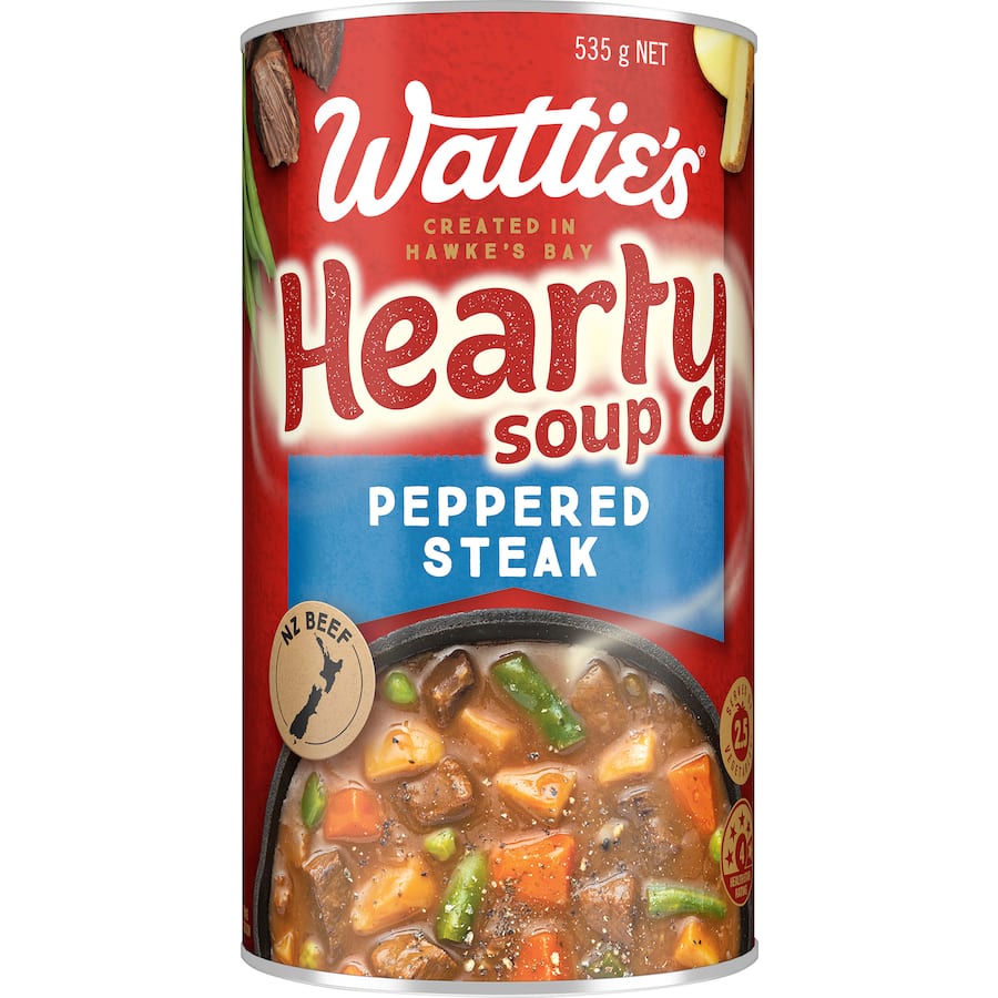 Canned Wattie's Hearty Soup Steak featuring tender beef and chunky vegetables, offering a nutritious meal option.