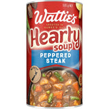 Canned Wattie's Hearty Soup Steak featuring tender beef and chunky vegetables, offering a nutritious meal option.