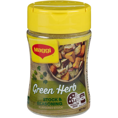 Maggi Green Herb Stock Seasoning jar, featuring aromatic herbs for enhancing dishes with fresh, savory flavors.