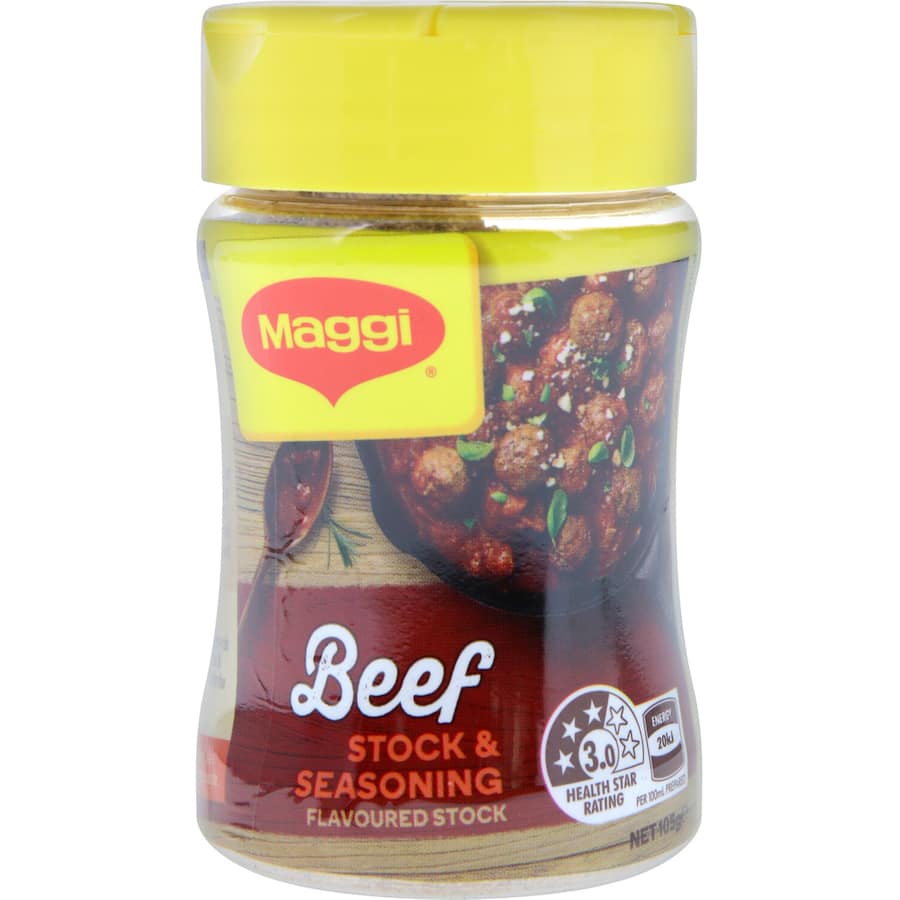 Maggi Beef Stock Powder Seasoning enhances dishes with umami flavor, perfect for broths, stir-fries, and grilling.