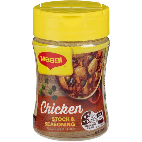 Maggi Chicken Stock Powder Seasoning in a container, perfect for enhancing soups, stir-fries, and marinades with rich flavor.