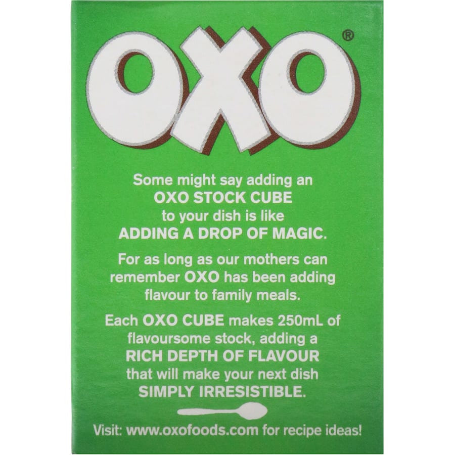 Oxo Vegetable Stock Cubes 71g, individually wrapped for freshness, enhance soups, stews, and sauces with rich flavor.