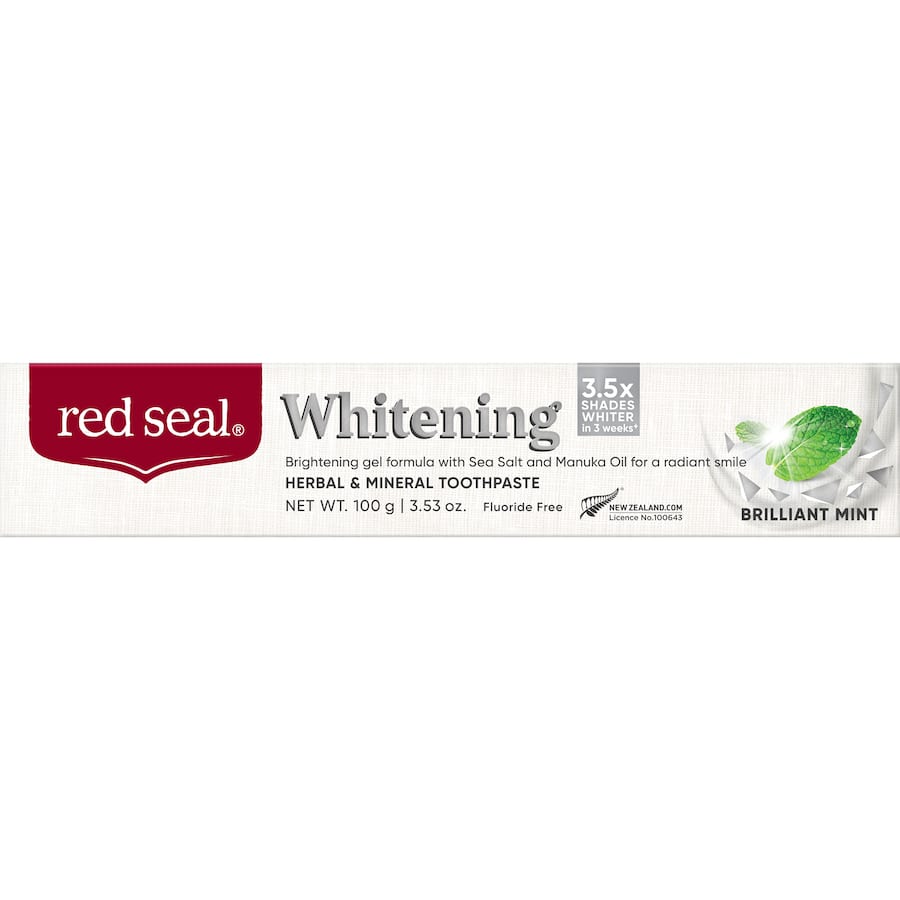 Red Seal Whitening Toothpaste in Brilliant Mint, a vegan formula that brightens teeth and supports oral health without harmful chemicals.