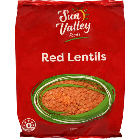 Vibrant Sun Valley Foods Red Lentils, perfect for soups and stews, rich in protein, fiber, and essential nutrients.