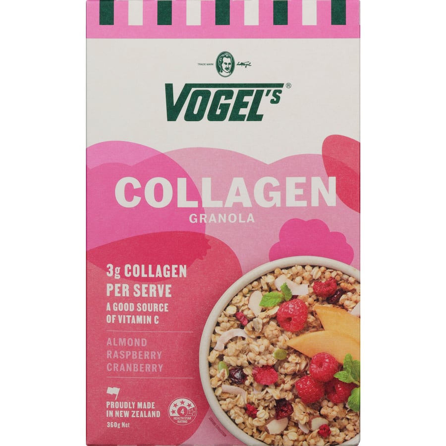 Vogels Granola with Collagen, Almonds, and Raspberries for a nutritious, gluten-free breakfast full of flavor and health benefits.