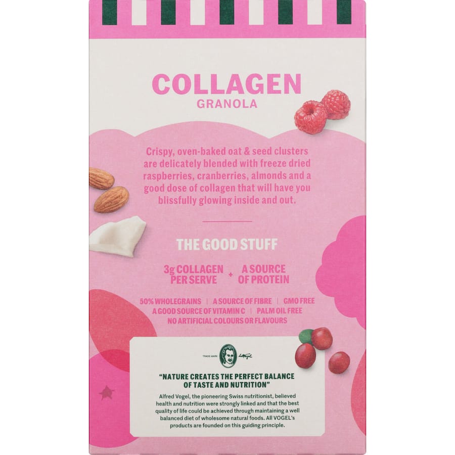 Vogels Granola Collagen Almond & Raspberry: nutrient-rich mix with juicy raspberries, crunchy almonds, and added collagen for skin health.