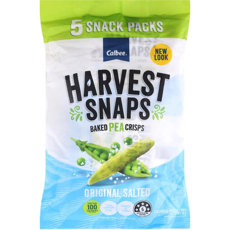 Harvest Snaps Original Salted Pea Snacks in a 90g bag, featuring crunchy, gluten-free, and protein-rich goodness.