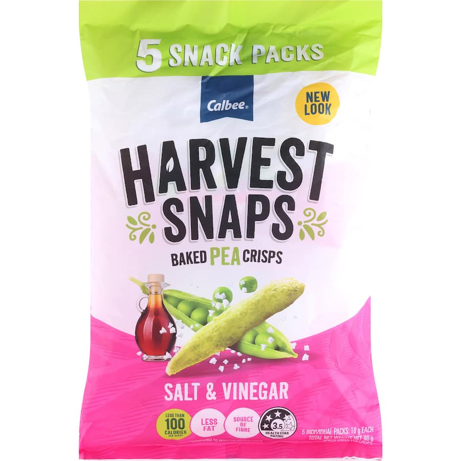 Crunchy Harvest Snaps Pea Snacks in Salt & Vinegar flavor, a healthy alternative to chips, rich in fiber and low in calories.