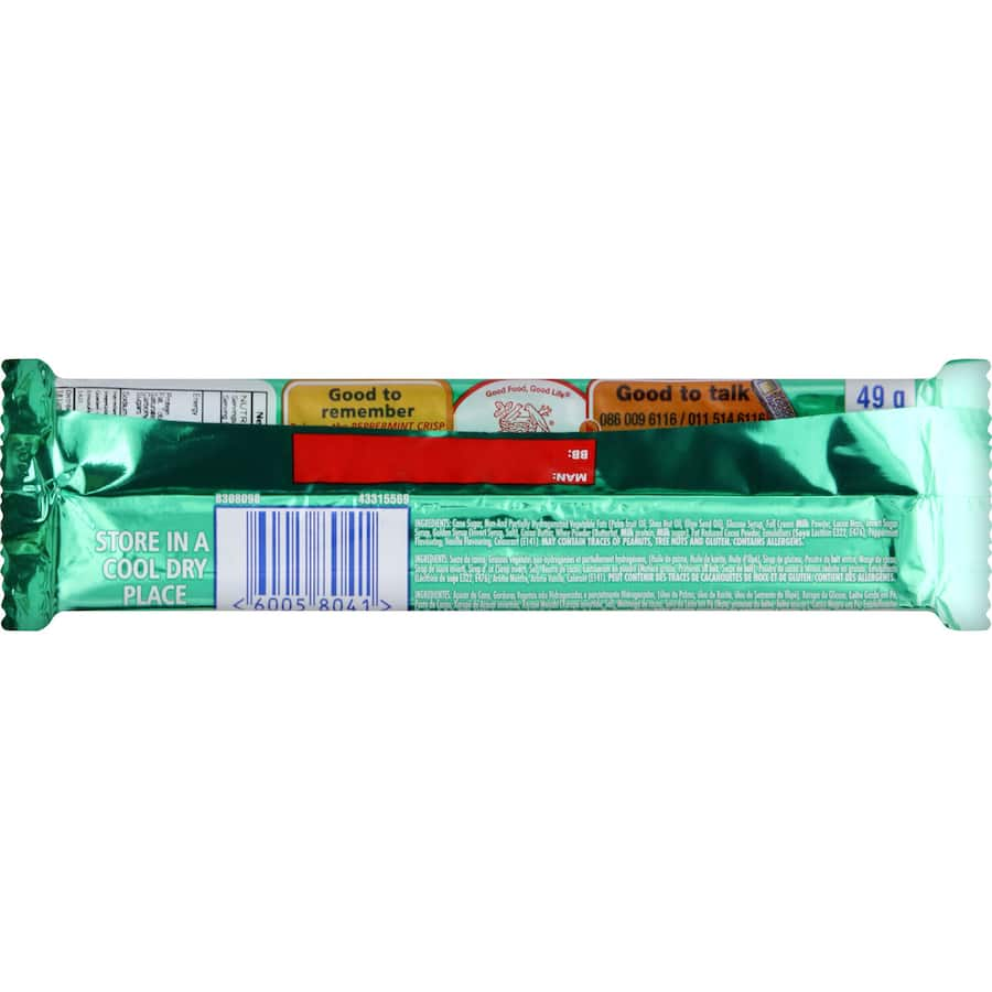 Nestle Peppermint Crisp Chocolate Bar featuring milk chocolate and refreshing peppermint cracknel, perfect for a sweet snack.