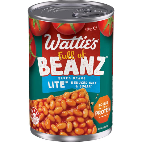 Wattie's Baked Beanz Lite, low-sugar, high-protein baked beans for healthy meals and snacks.