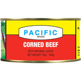 Delicious canned Pacific Corned Beef, ready to eat, perfect for sandwiches, stews, and quick meals.