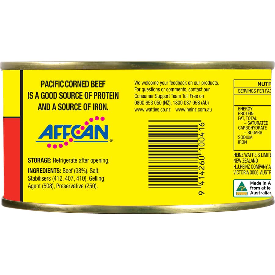 Canned Pacific Corned Beef in a 340g can, ready to eat, great for sandwiches, stews, and convenient long-life storage.