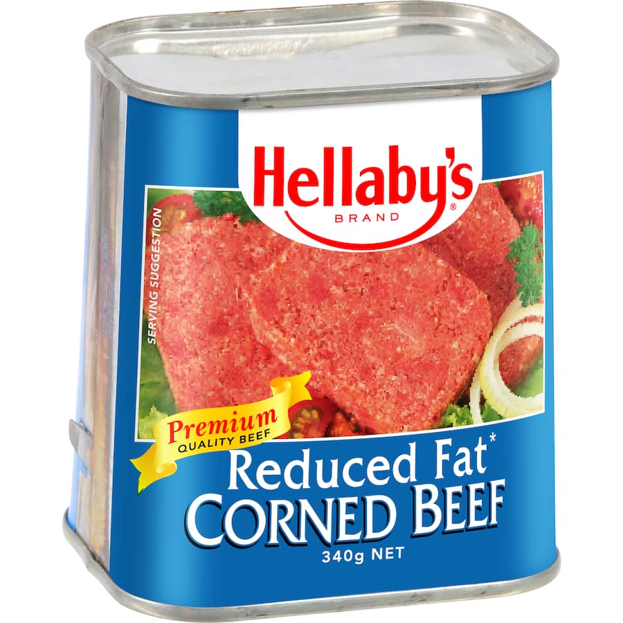 Hellabys Reduced Fat Corned Beef, premium beef with 25% less fat, ideal for sandwiches, casseroles, or quick meals.