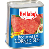 Hellabys Reduced Fat Corned Beef, premium beef with 25% less fat, ideal for sandwiches, casseroles, or quick meals.
