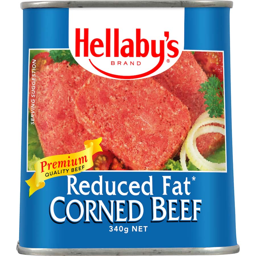 Hellabys Reduced Fat Corned Beef, 25% less fat, premium quality, versatile for meals like Reuben sandwiches and casseroles.