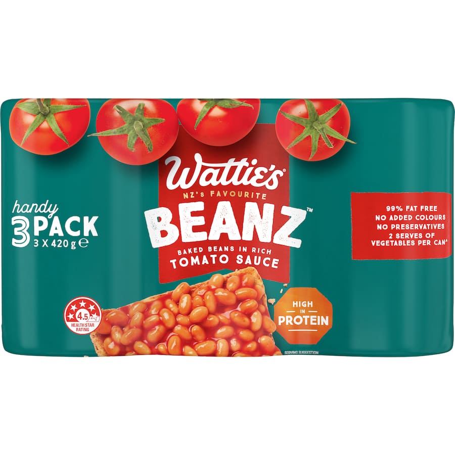 A can of Wattie's Baked Beans, featuring rich tomato sauce, high protein, and 99% fat-free, perfect for quick meals.