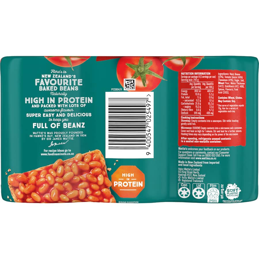 Wattie's Baked Beans in rich tomato sauce, high in protein, no preservatives, perfect for any meal or snack.