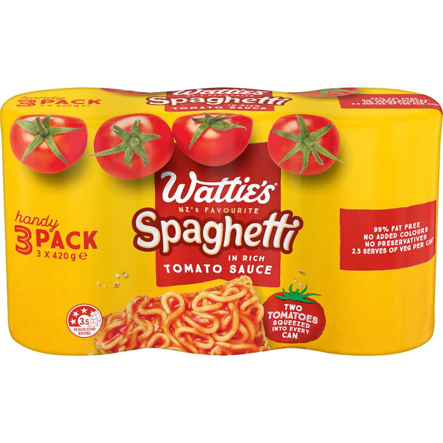 Wattie's Spaghetti in Tomato Sauce offers a comforting meal made with field-grown tomatoes and fresh pasta, gluten-free and nutritious.