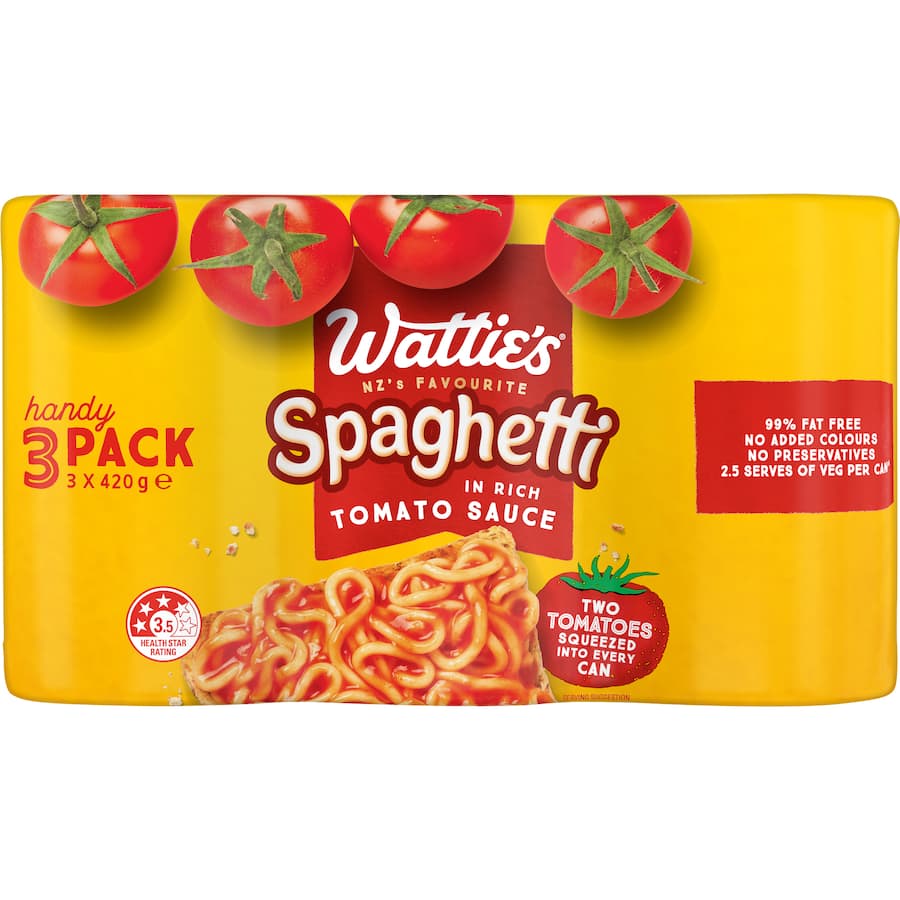 Wattie's Spaghetti in Tomato Sauce in a can, featuring rich tomato sauce and fresh pasta, perfect for quick, nutritious meals.