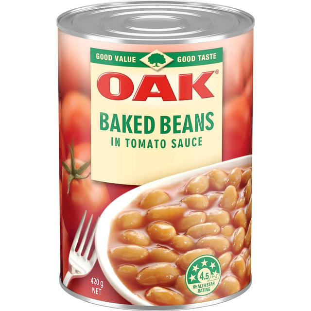 OAK Baked Beans in Tomato Sauce, a versatile and nutritious pantry staple ideal for breakfast, lunch, or dinner.