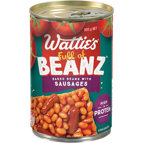 Wattie's Baked Beans & Sausages in a can, featuring savory sausages and hearty beans, perfect for any meal or snack.